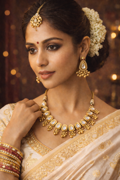 Diamond Base Gold-Style Kundan Necklace
